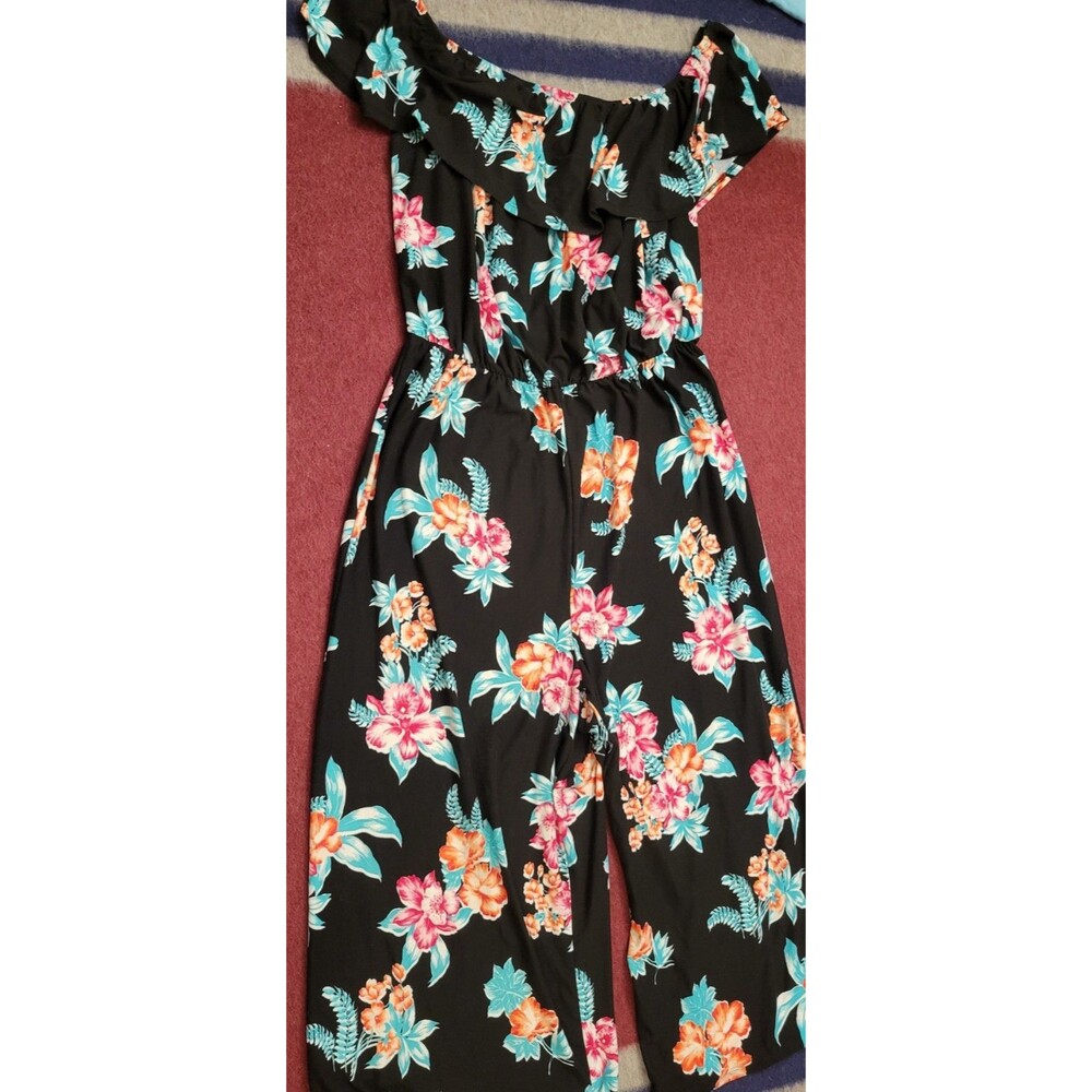 Woman's Ultra Flirt Size 1X Floral Off-the-Shoulder Wide-Leg Jumpsuit
